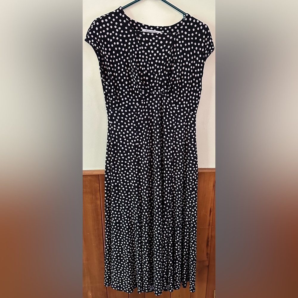 EVAN-PICONE size 10, black with white polka dots, capped short sleeved dress.